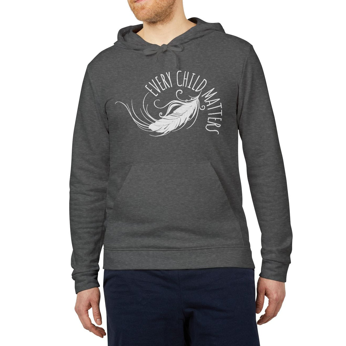 Man wearing a gray hoodie with a graphic design on a white background