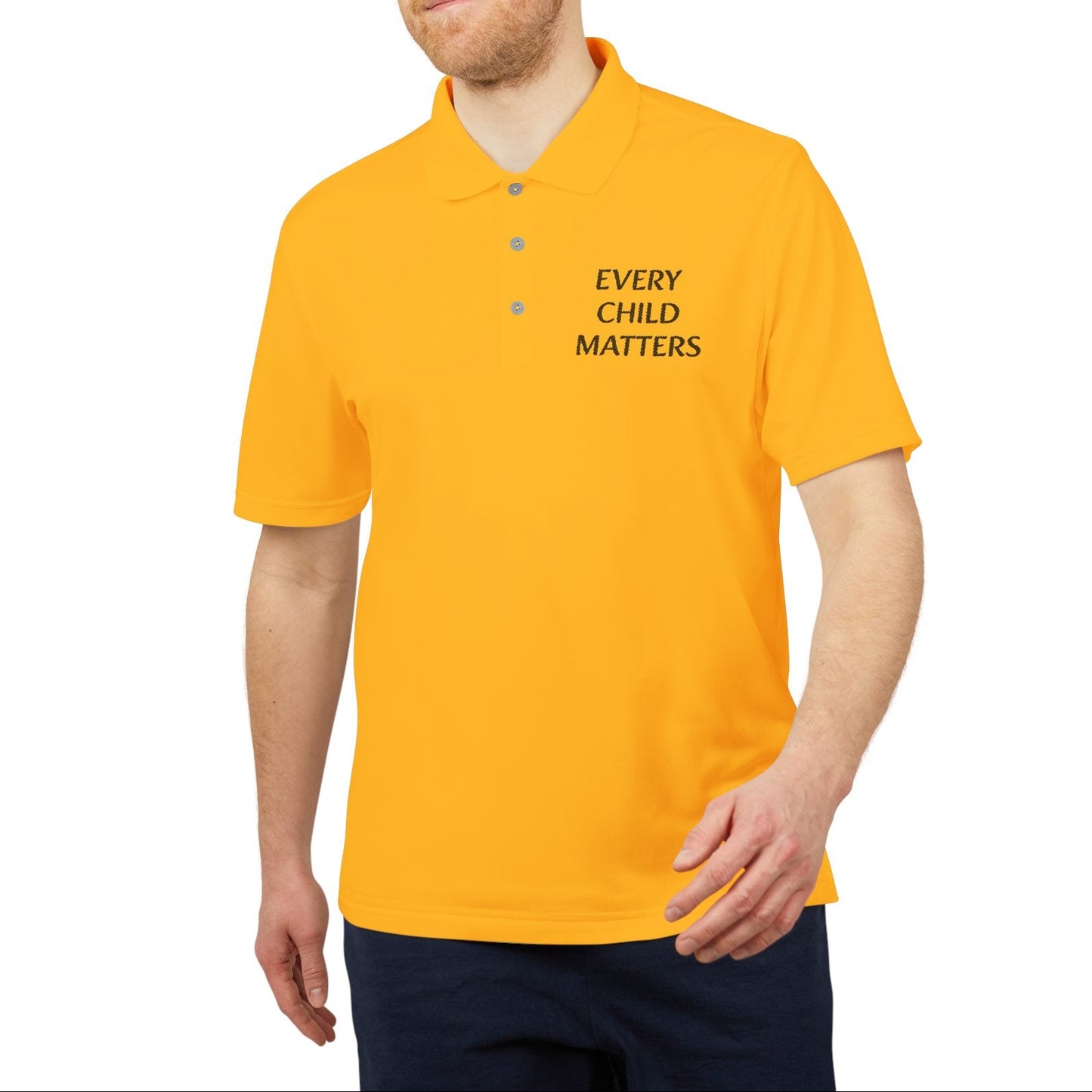 Man wearing a yellow polo shirt with 'EVERY CHILD MATTERS' text on a white background
