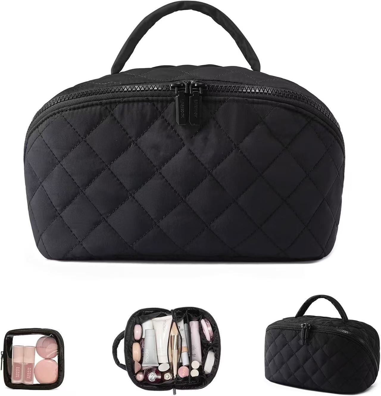Black quilted cosmetic bag with makeup items on a white background