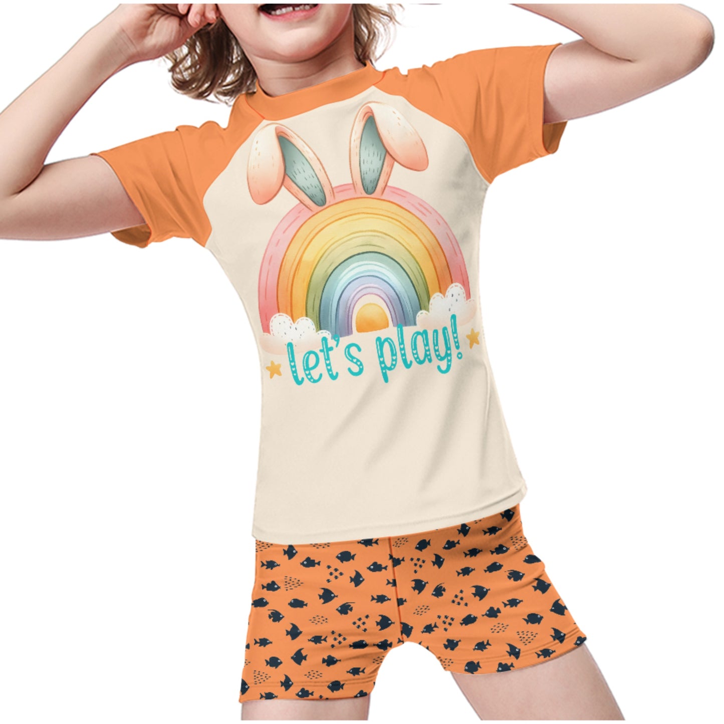 Bunny Rainbow Child's Short Set Swim Suit - Orange