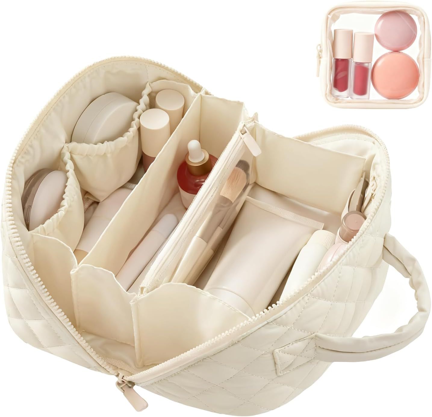 Beige cosmetic bag with compartments filled with makeup items, including a small inset of lip products. lay flat makeup bag organizer