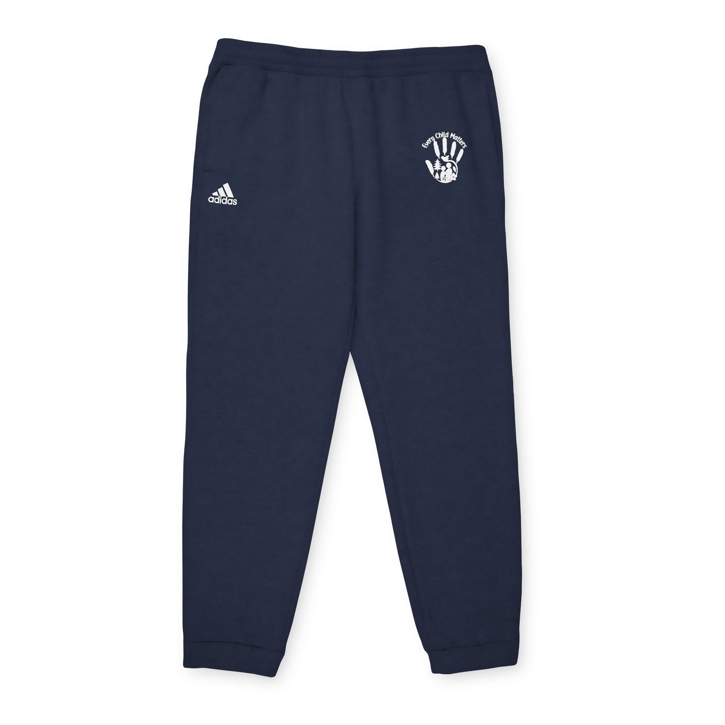 Navy blue sweatpants with Adidas logo on a white background