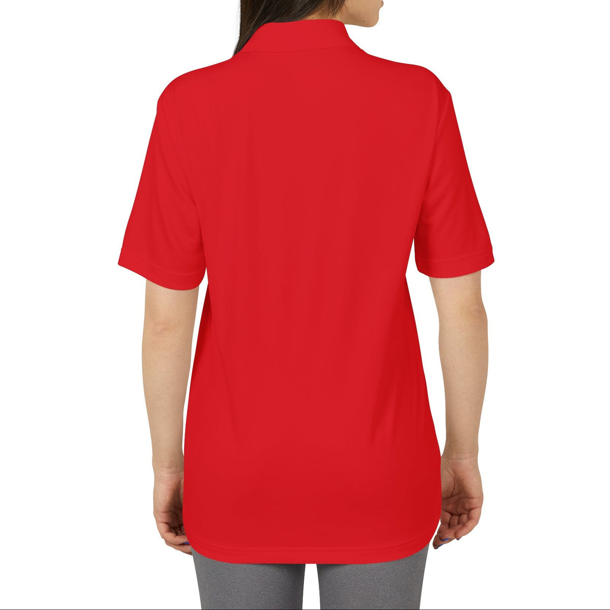 Back of a woman wearing a red polo shirt on a white background