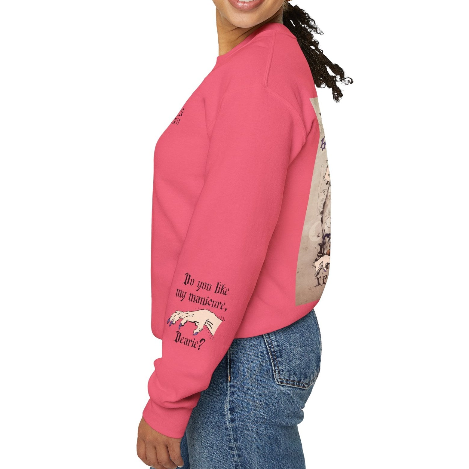 Woman wearing a pink sweatshirt with text and graphics on a white background