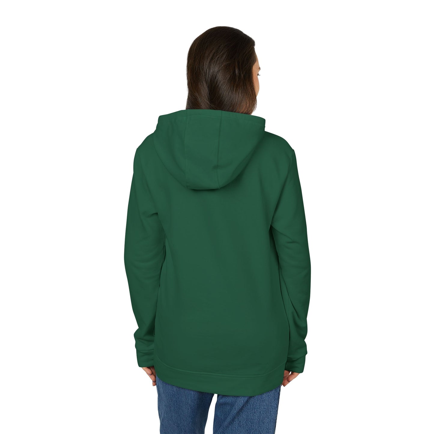Person wearing a green hoodie from behind on a white background