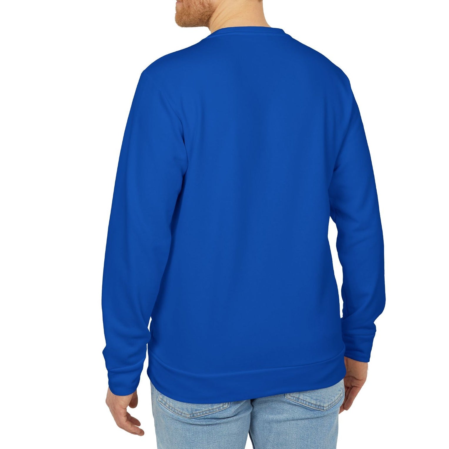 Man wearing a blue long-sleeve shirt on a white background