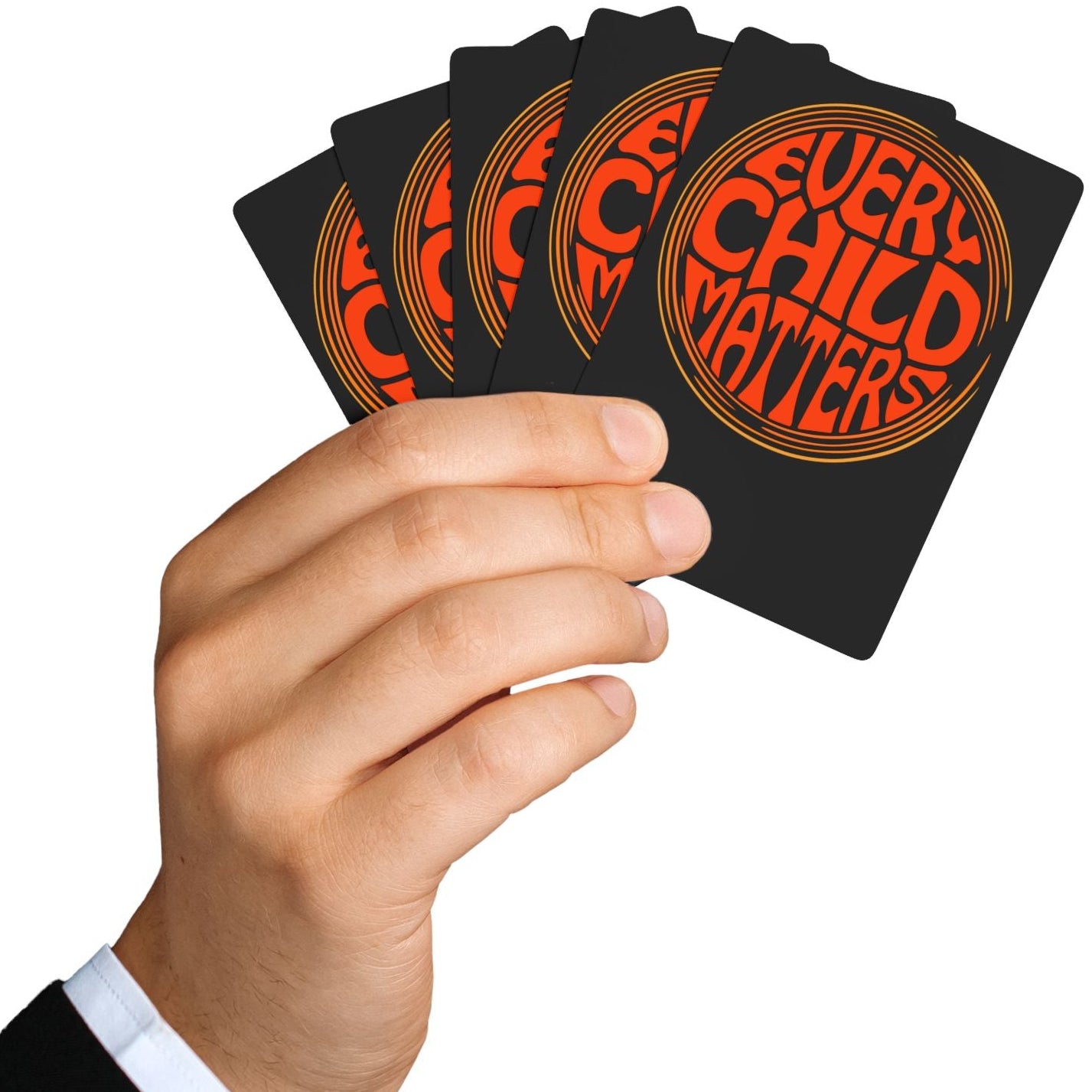 Hand holding a set of cards with 'Every Child Matters' design on a white background
