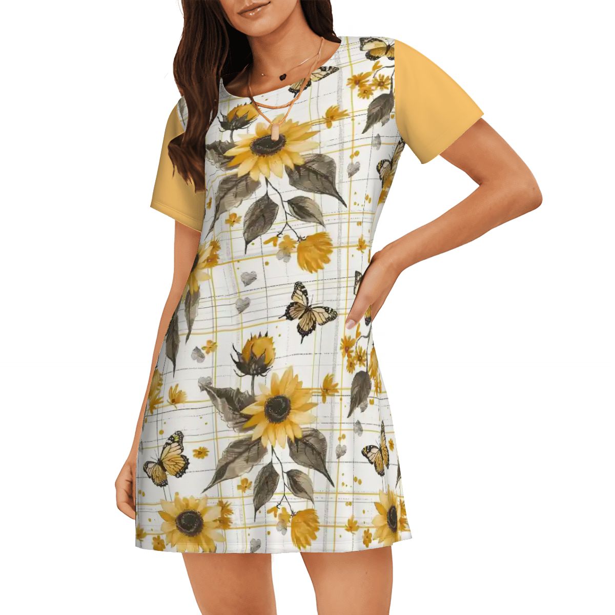 Sunflowers & Butterflies Plaid | Comfy Cotton-Feel Nightshirt Women’s Sleepwear – Soft and Easy to Wear