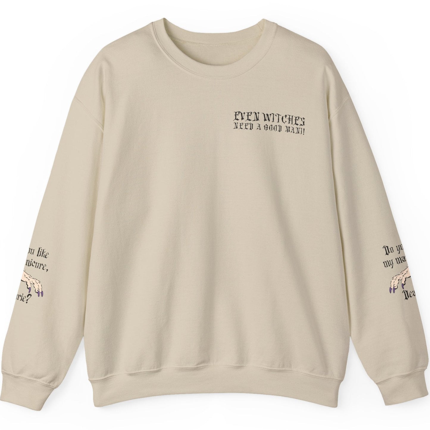 Beige sweatshirt with text and graphics on a white background