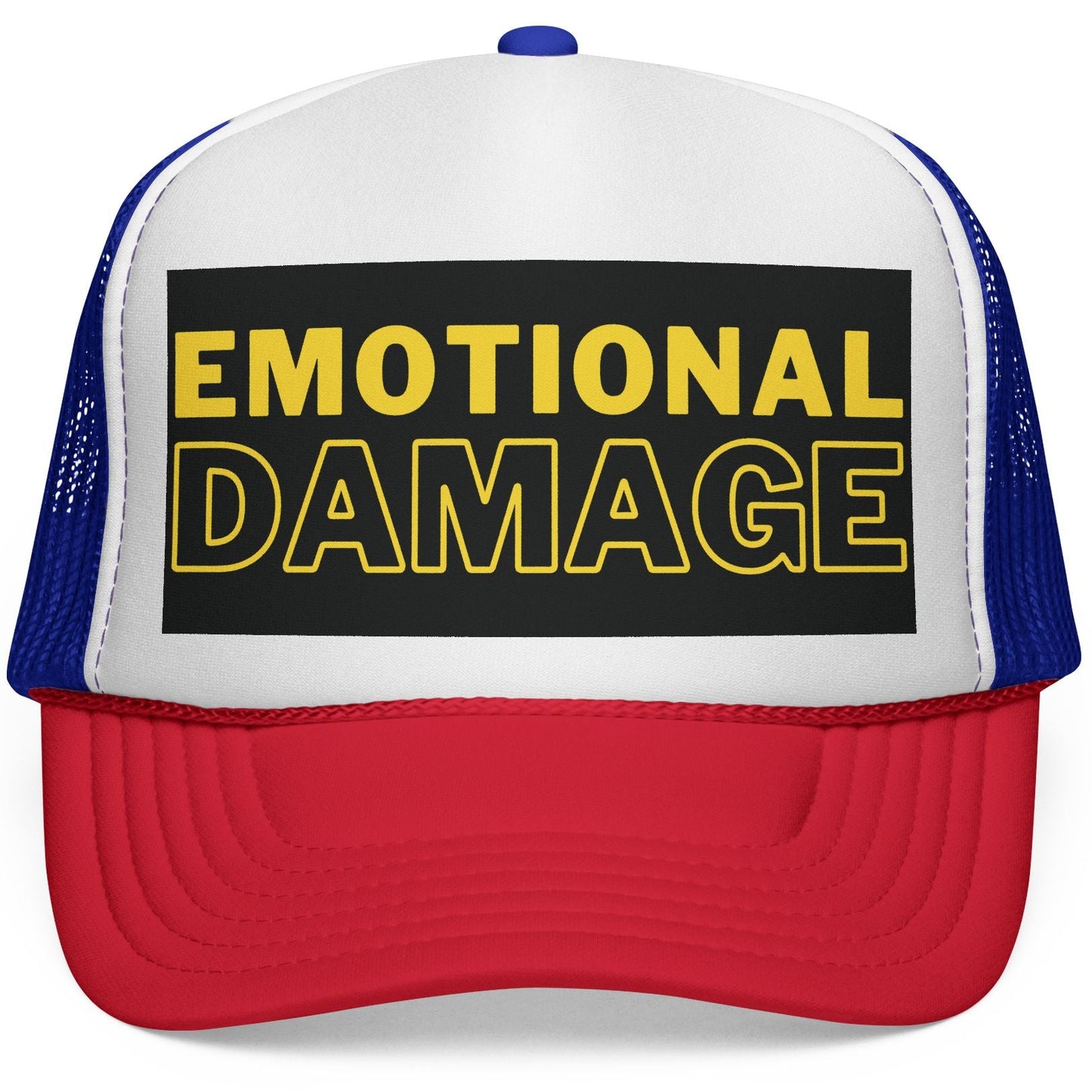 Trucker hat with 'EMOTIONAL DAMAGE' text on a white background