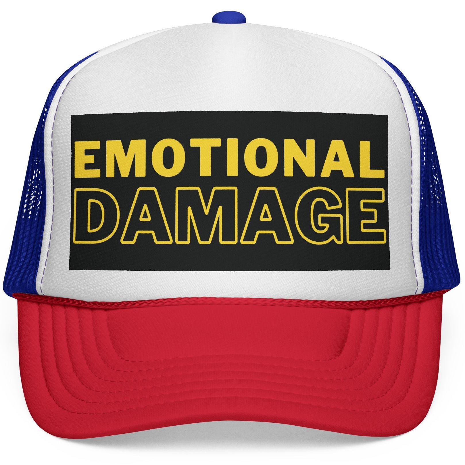 Trucker hat with 'EMOTIONAL DAMAGE' text on a white background