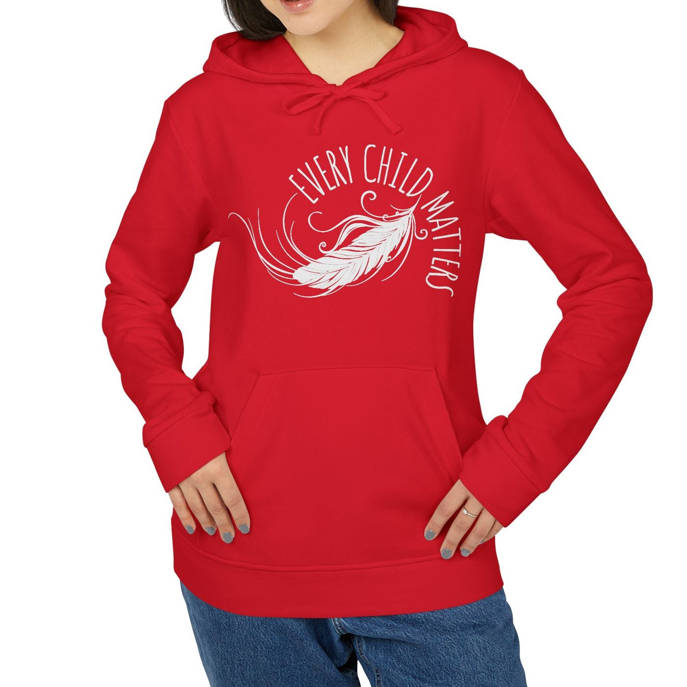 Person wearing a red hoodie with a white graphic and text on a white background
