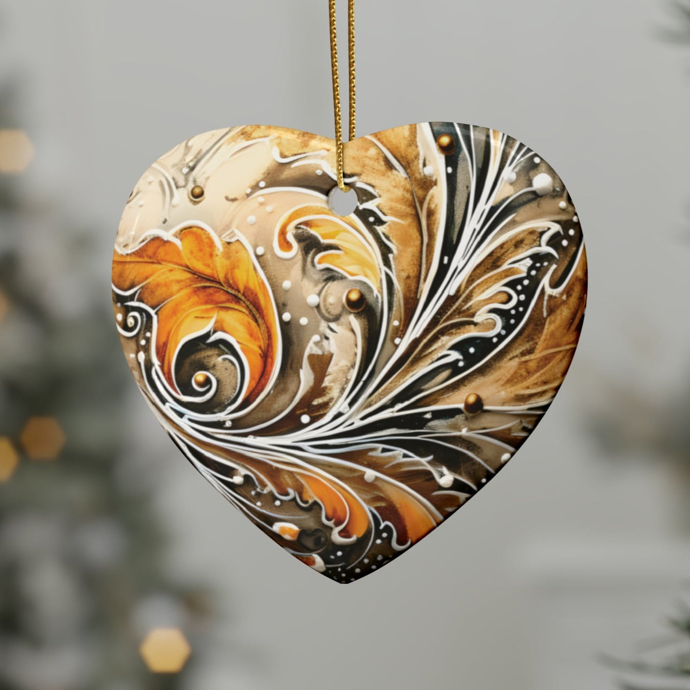 Gold Heart Swirl Ceramic Christmas Ornaments (1pcs, 5pcs, 10pcs, 20pcs)
