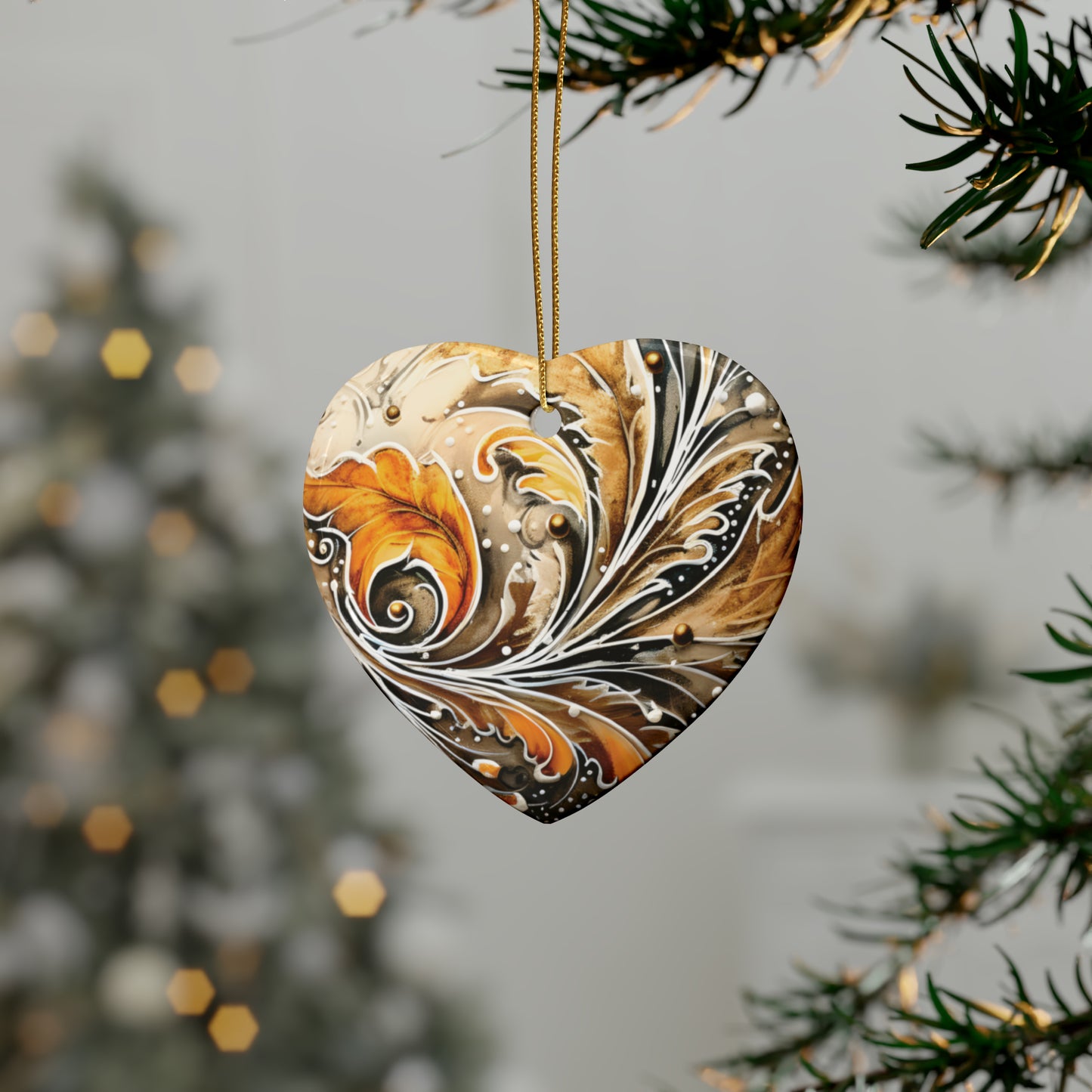 Gold Heart Swirl Ceramic Christmas Ornaments (1pcs, 5pcs, 10pcs, 20pcs)