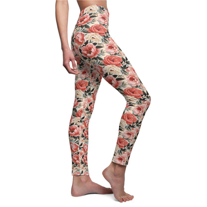 Peach Peonies - Women's Cut & Sew Casual Leggings