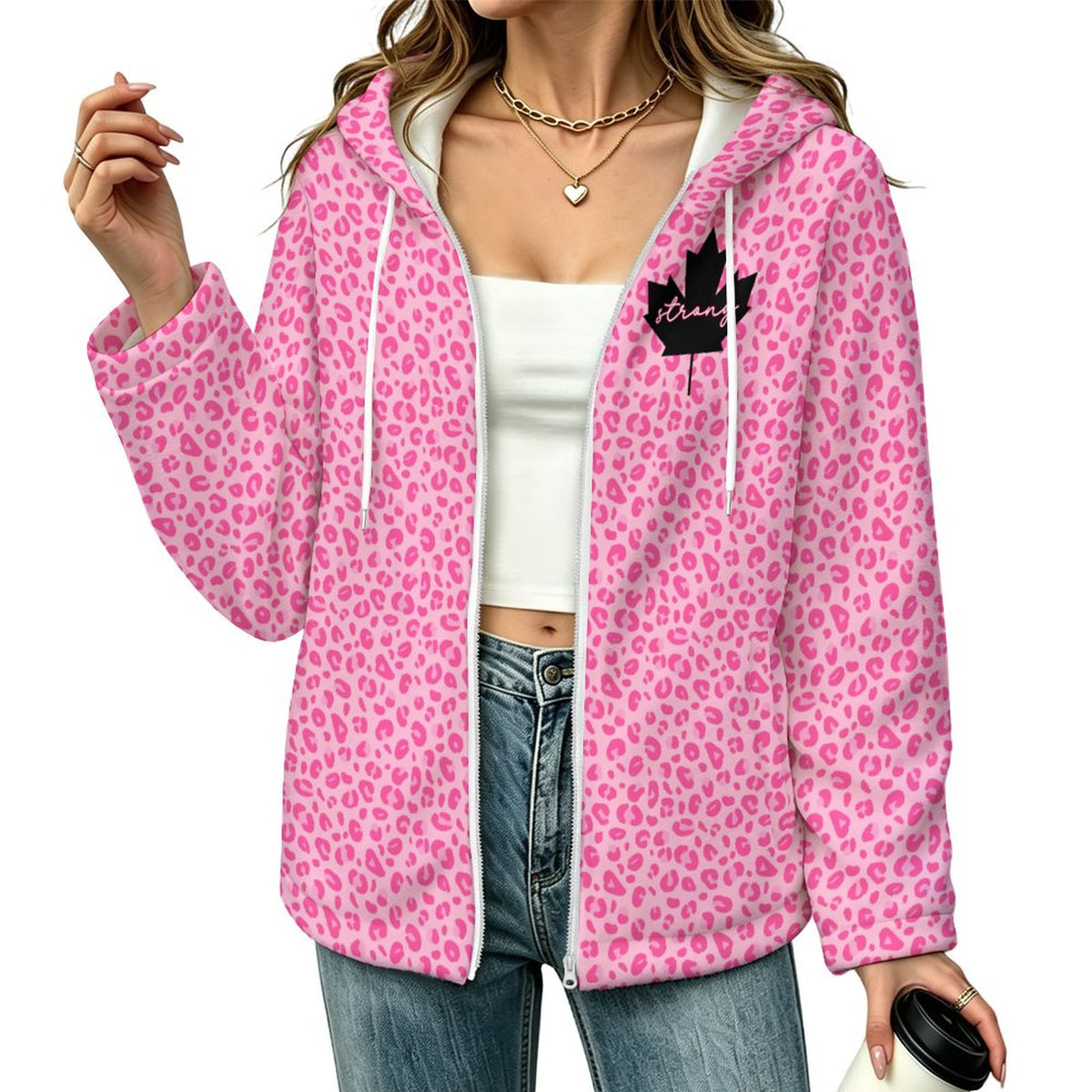 CANADA Strong | 250gsm Fleece Jacket with Hood - Pink Leopard