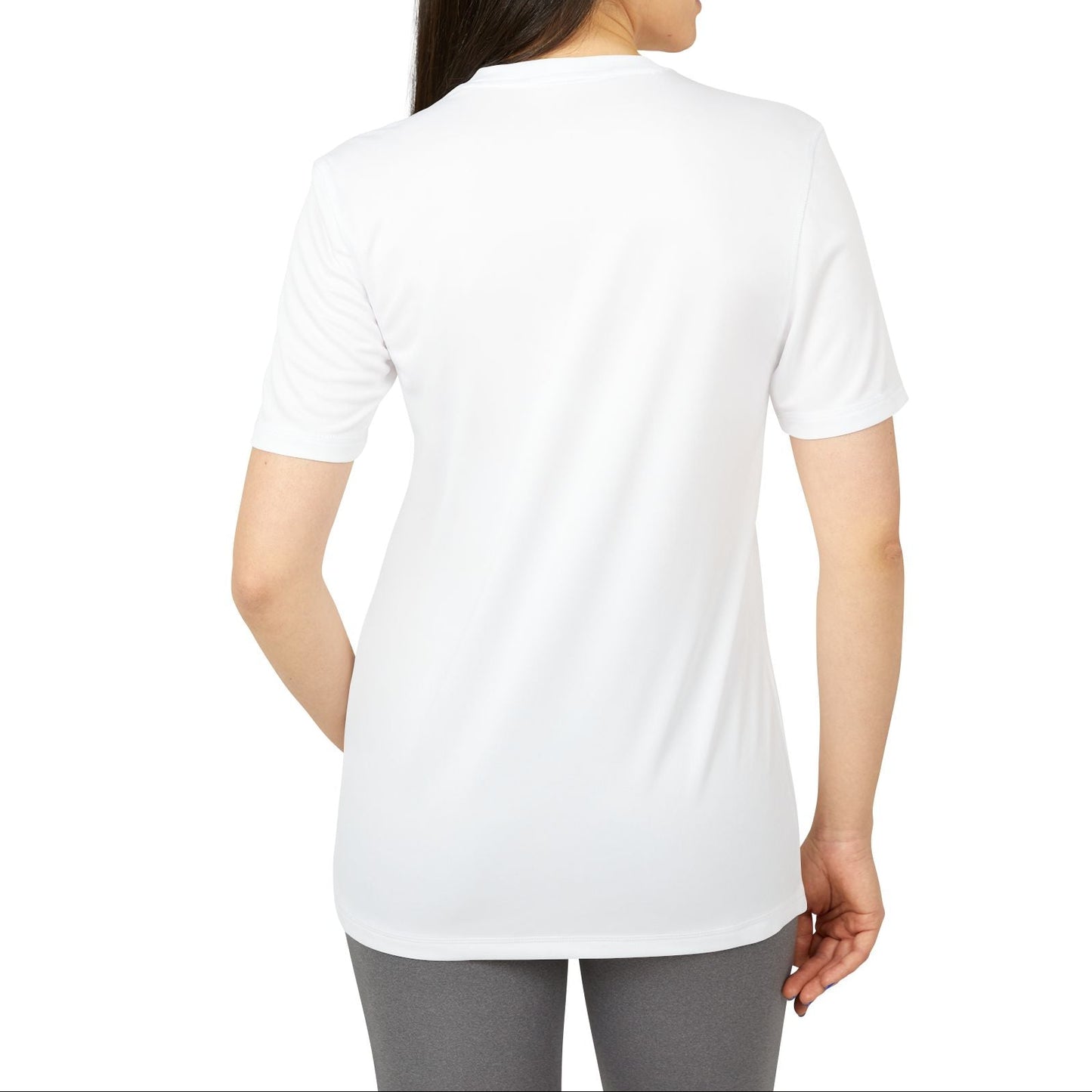 Woman wearing a white t-shirt on a white background