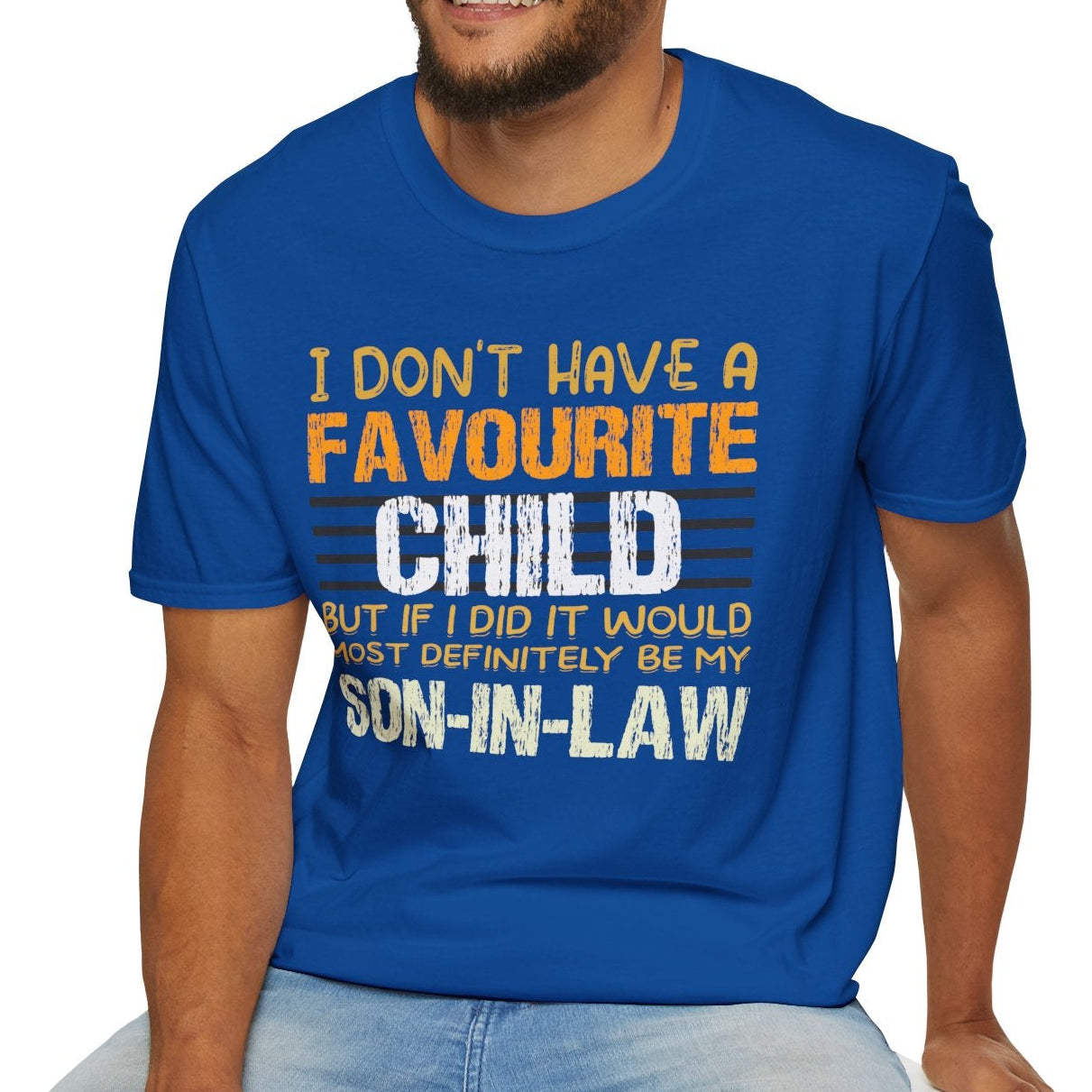 Man wearing a royal blue t-shirt with humorous text design on a white background