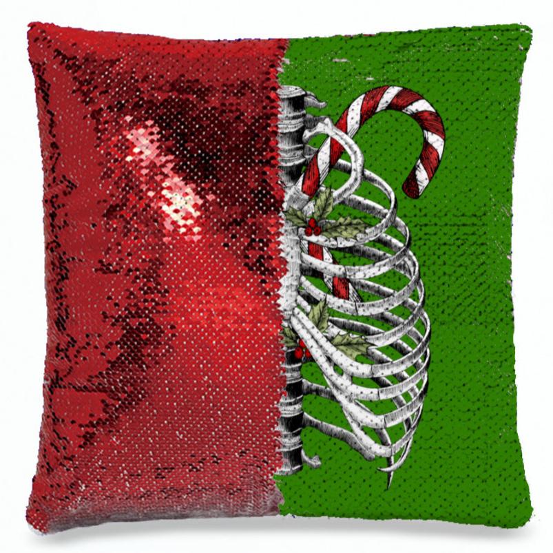 Candy Canes and Bones – Festive Goth Christmas Sequin Pillowcase – Soft, Durable, and Elegant Home Décor