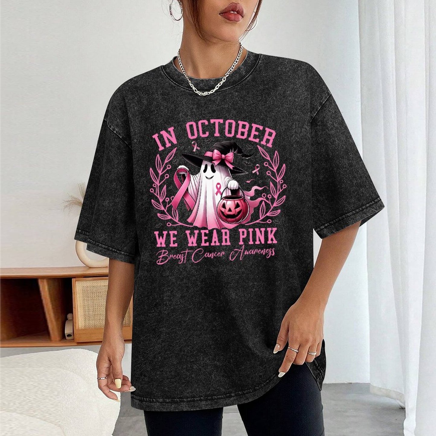 In October We Wear Pink | Women Vintage T-Shirt - Ghost w/Pumpkin