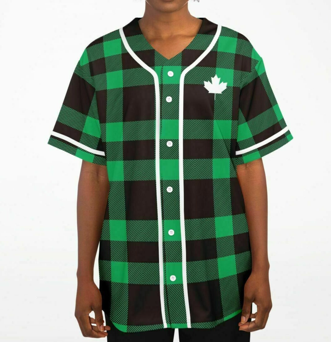 True North Strong and Free Green Plaid Baseball Jersey