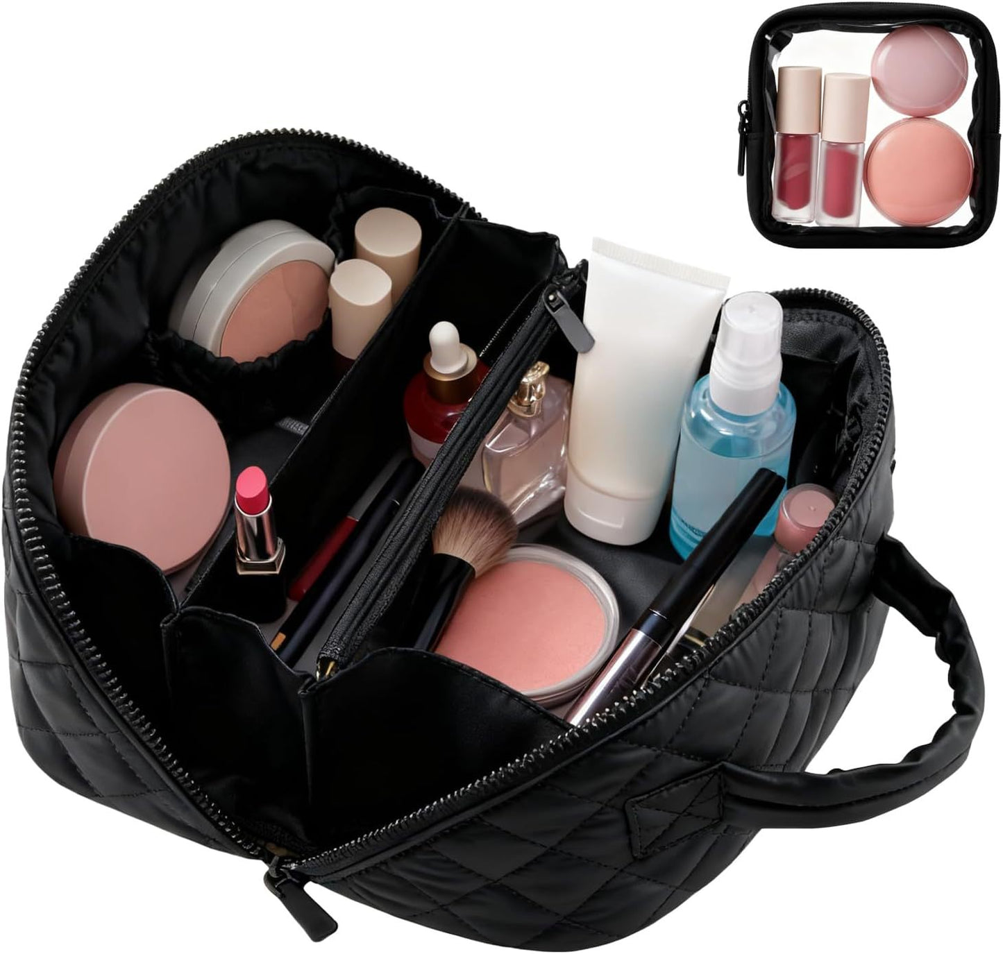 Black makeup bag with various cosmetic items on a white background. lay flat makeup bag organizer