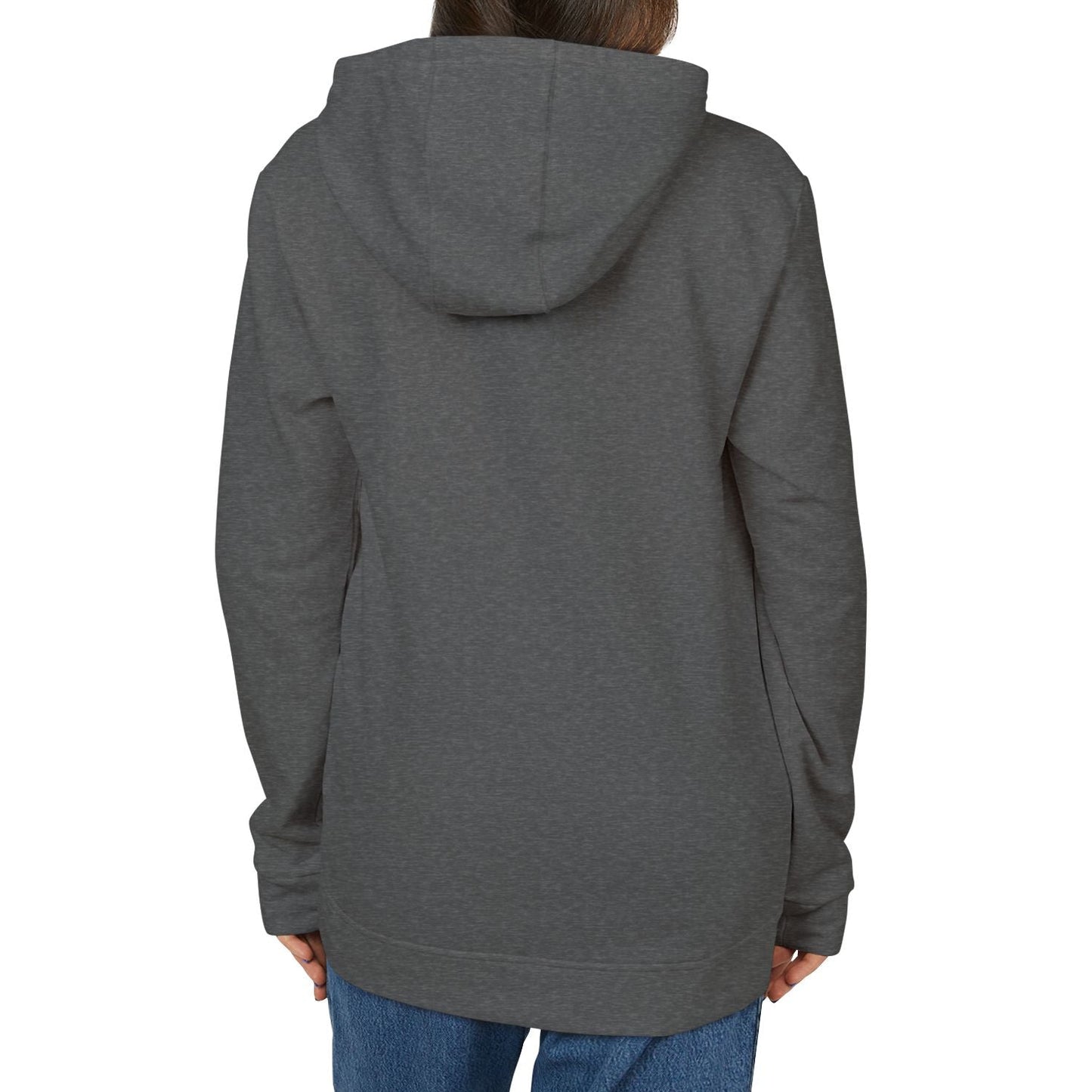 Person wearing a gray hoodie from behind on a white background