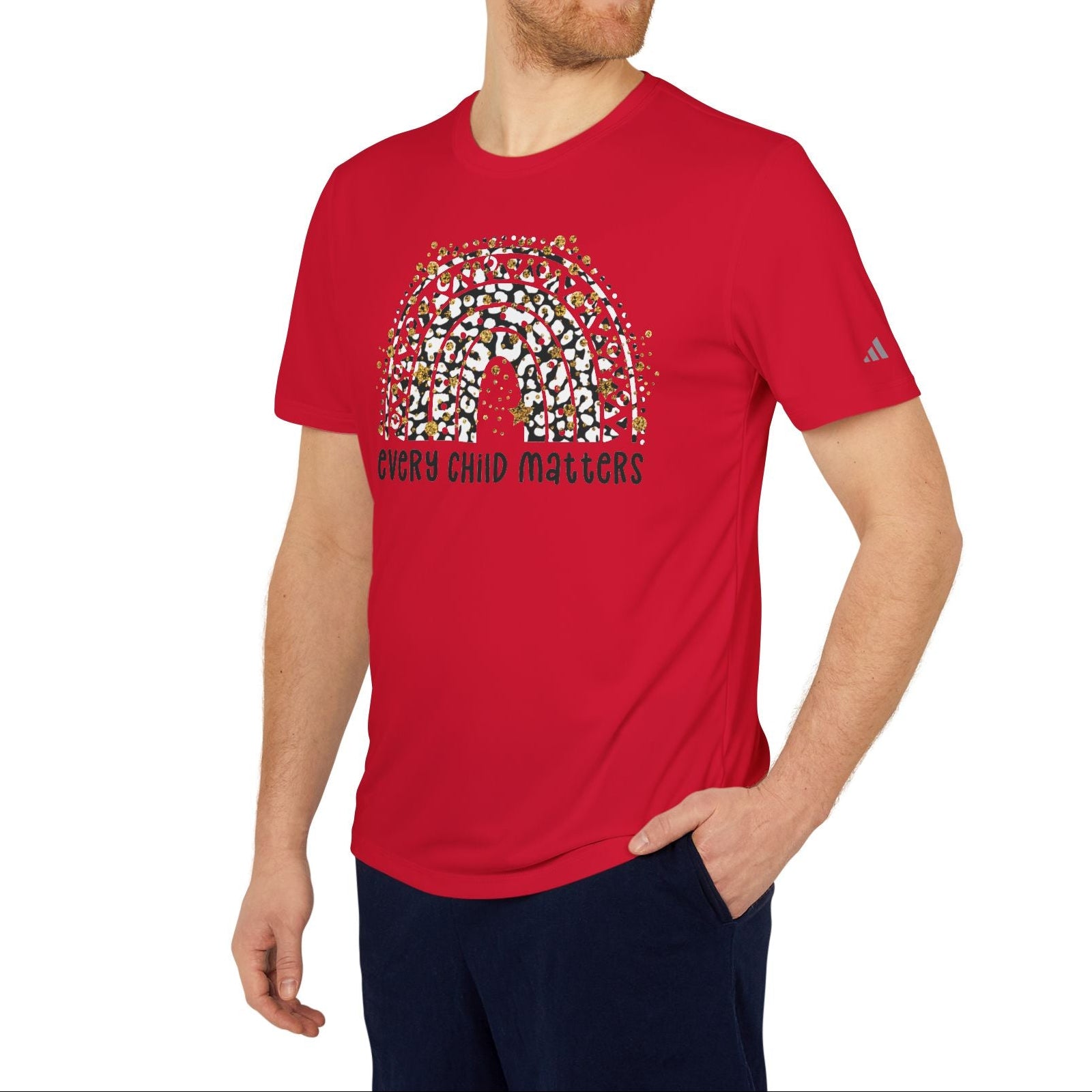 Man wearing a red t-shirt with a graphic design and text on a white background