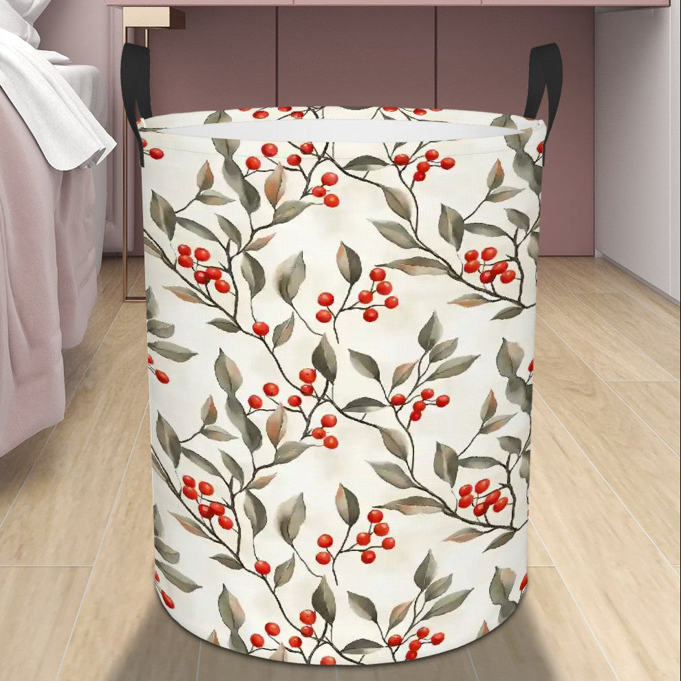 Floral-patterned laundry basket in a bedroom setting