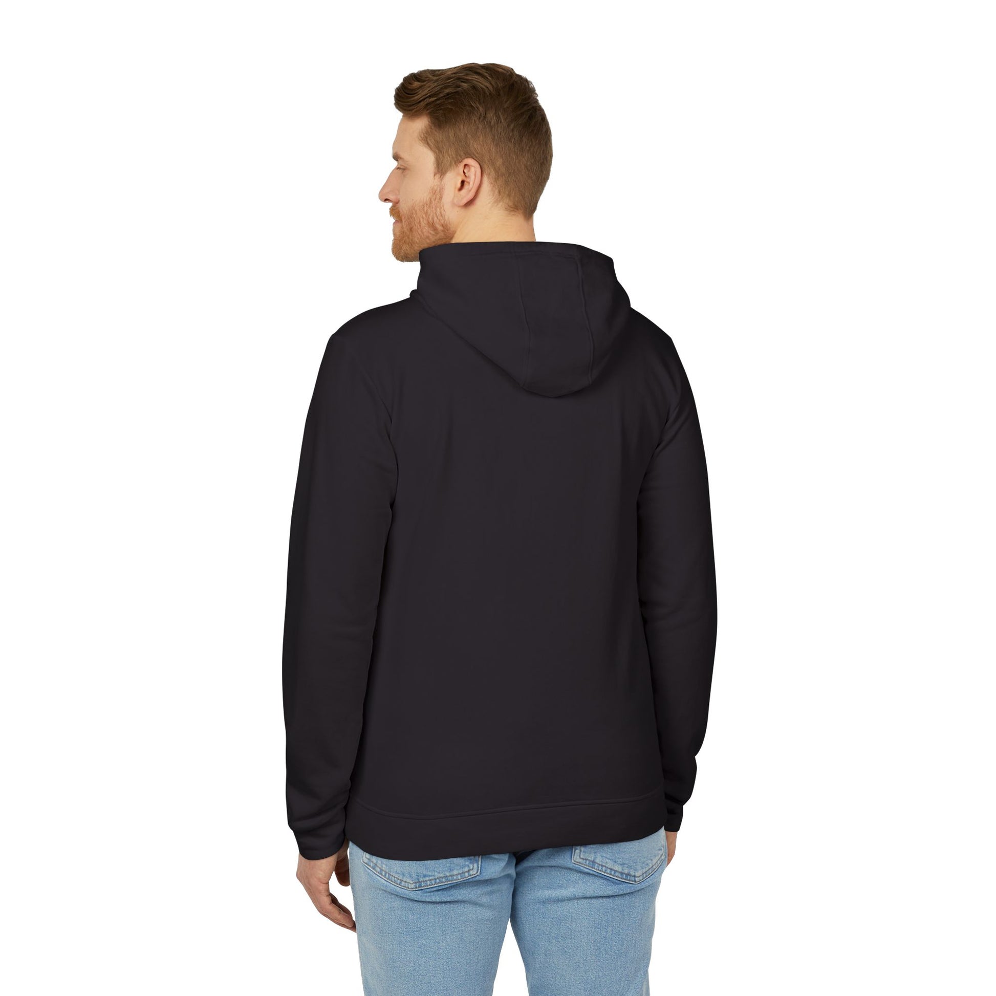 Man wearing a black hoodie from behind on a white background