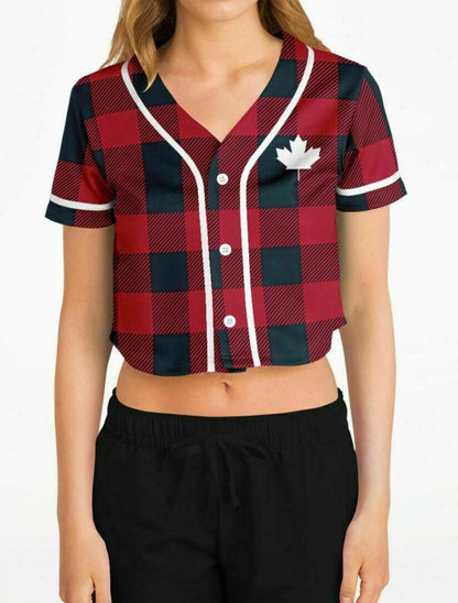 Canada The True North RED Plaid Cropped Baseball Jersey