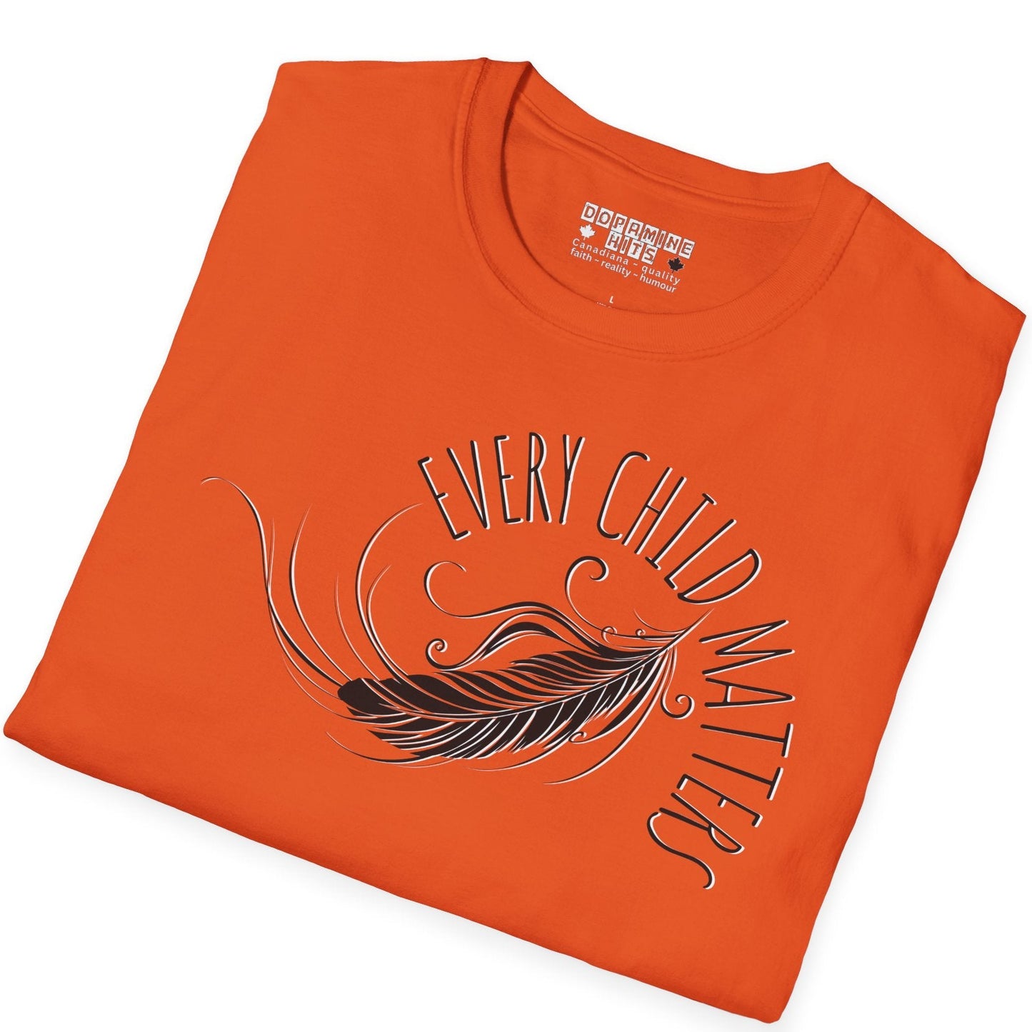 Orange t-shirt with a feather graphic and text on a white background
