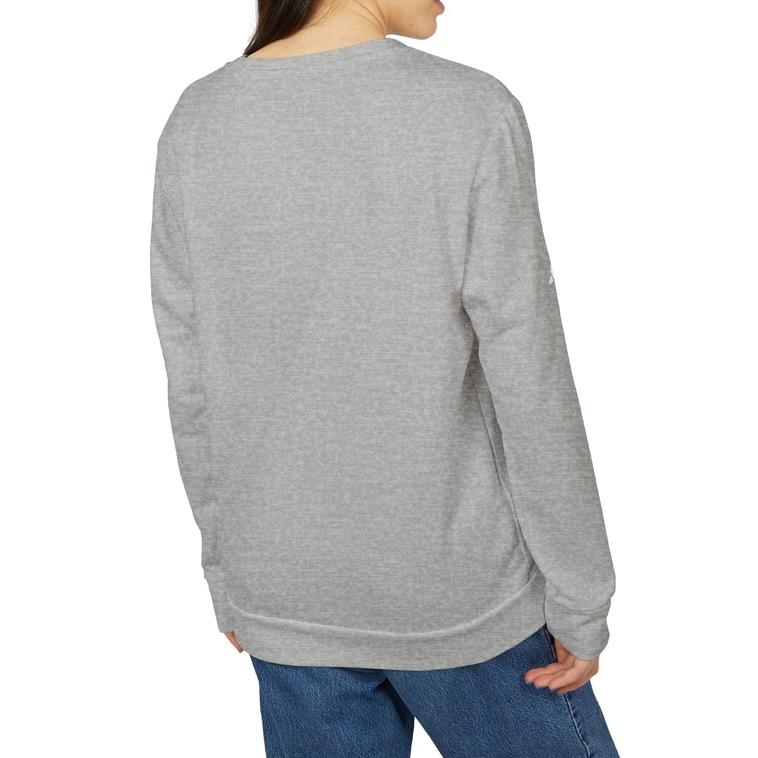 Person wearing a gray sweatshirt on a white background