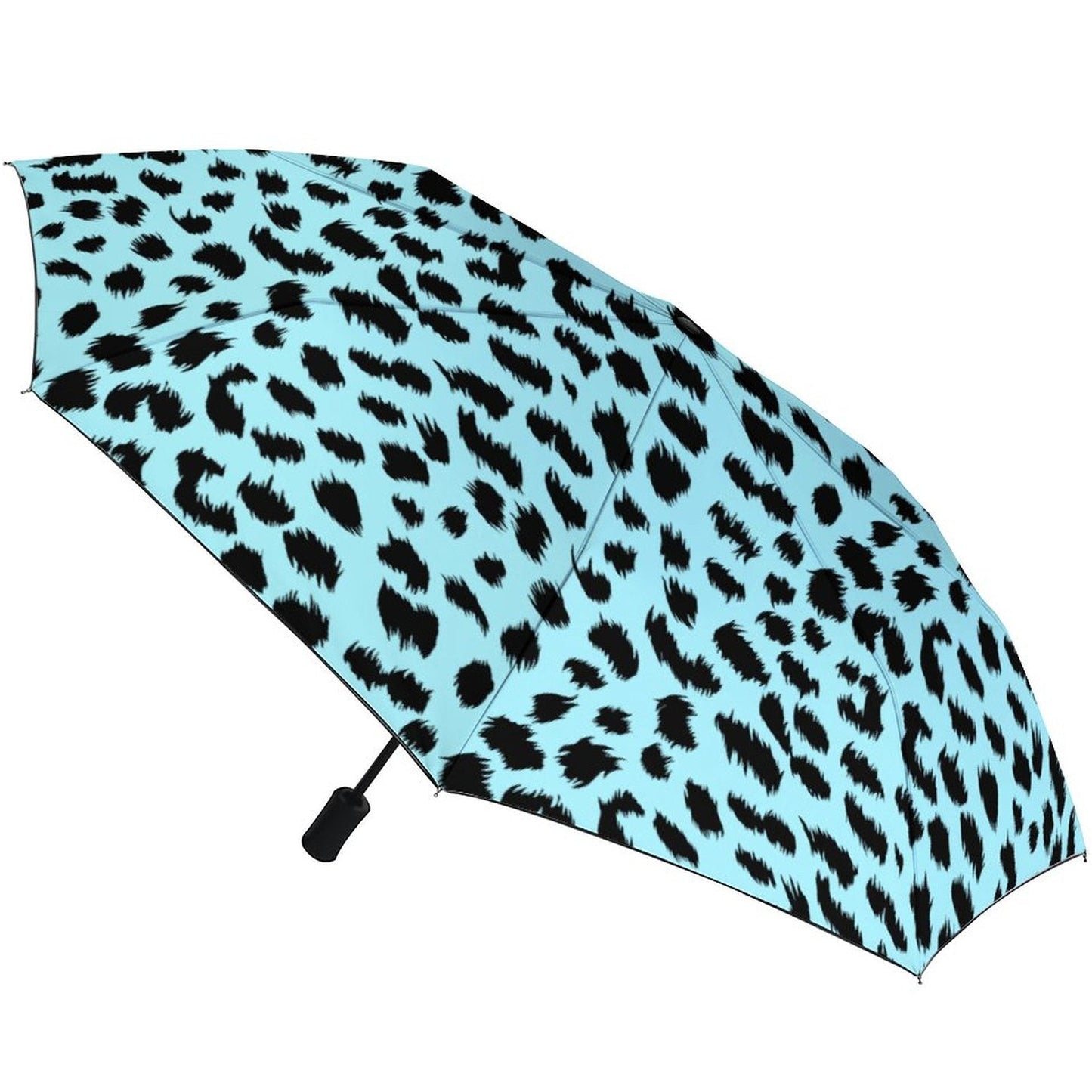 Blue umbrella with black leopard print pattern on a white background