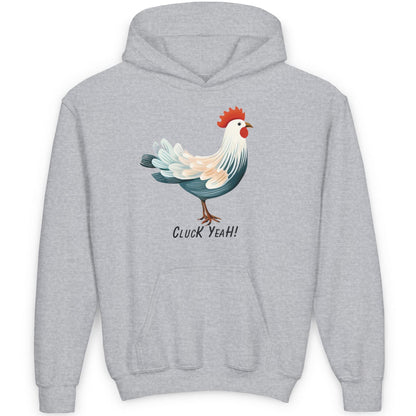 "Cluck Yeah!" Farmhouse Chic Fun Gift for Children & Youth - Cotton-Poly Premium Blend Rooster Hoodie for Kids of All Ages