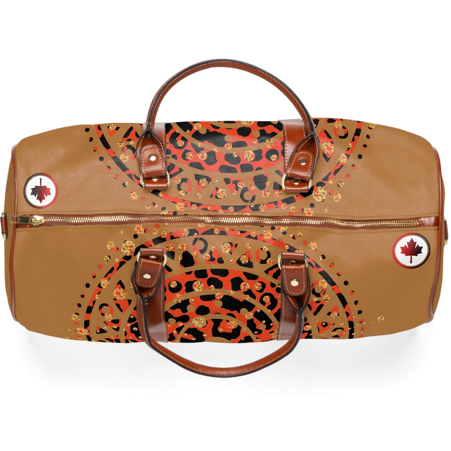 Brown travel bag with leopard print design and maple leaf accents on a white background