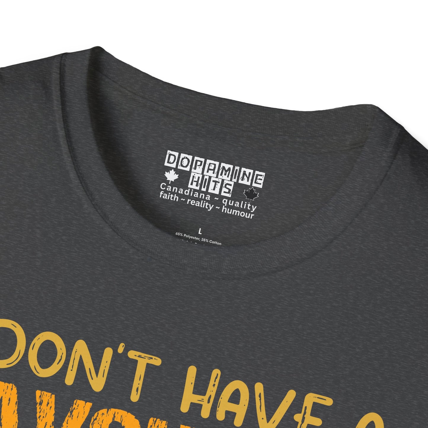 Dark heather t-shirt with yellow text and 'Dopamine Hits' brand label on a white background