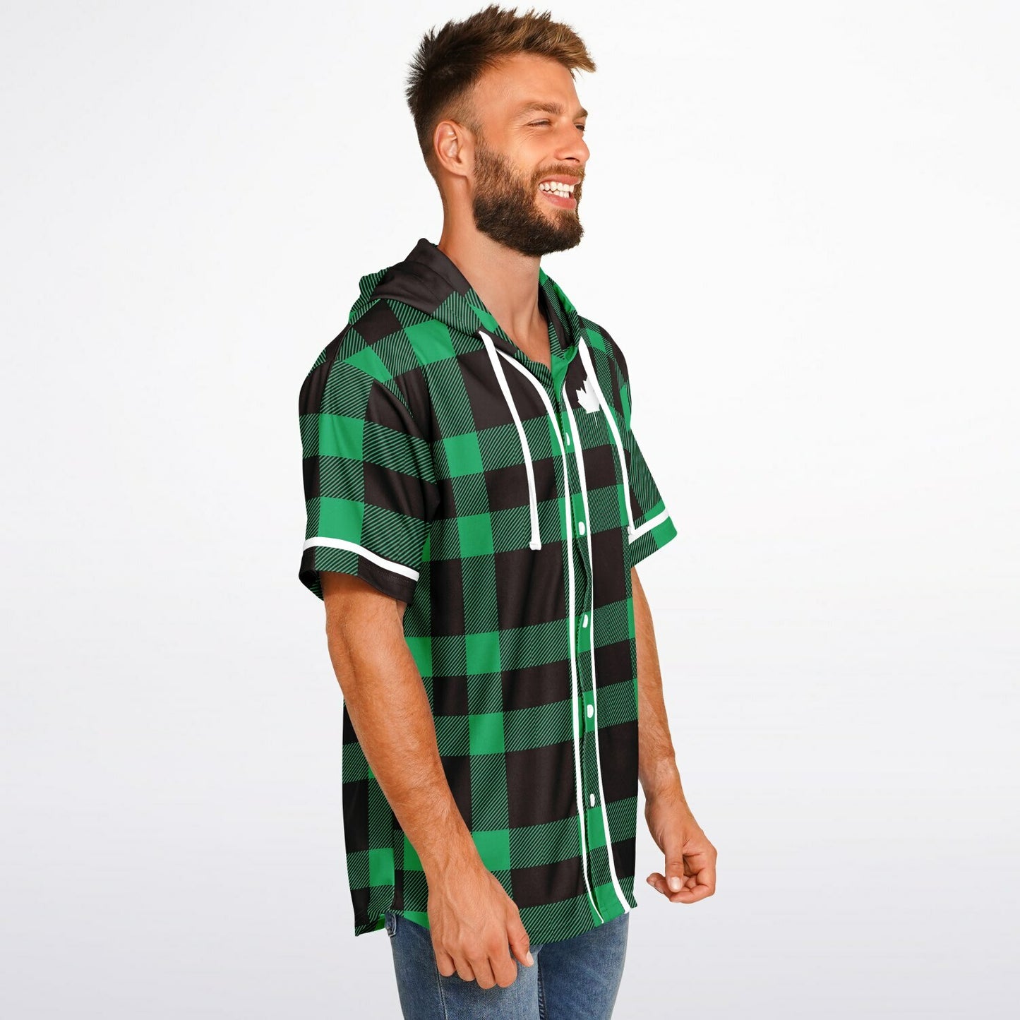 True North Strong & Free Green Plaid Hooded Baseball Jersey