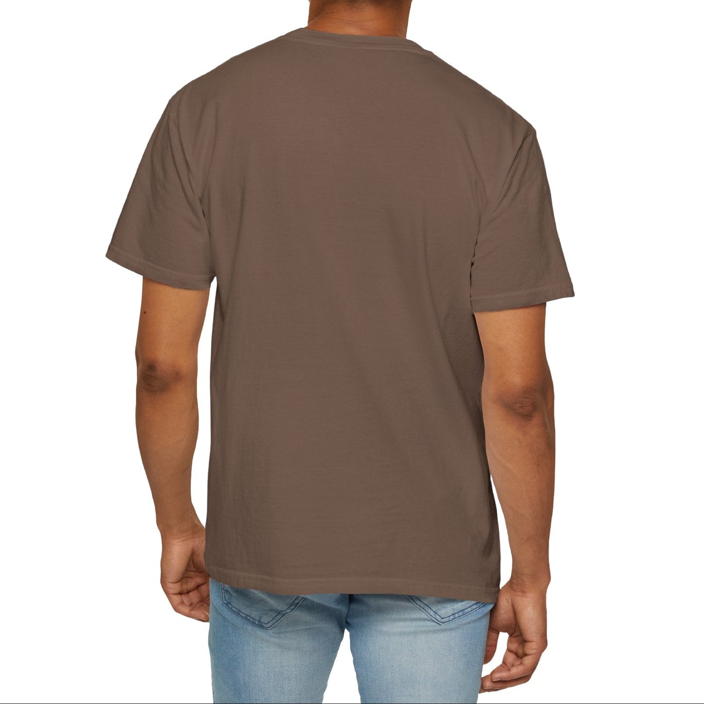 Person wearing a brown t-shirt on a white background