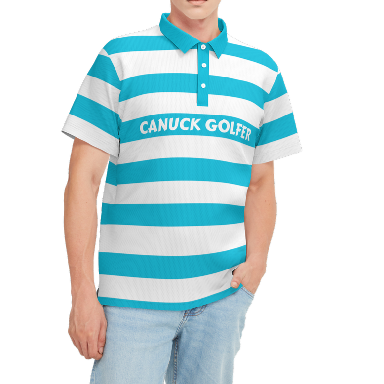 Person wearing a blue and white striped polo shirt with 'Canuck Golfer' text on a white background