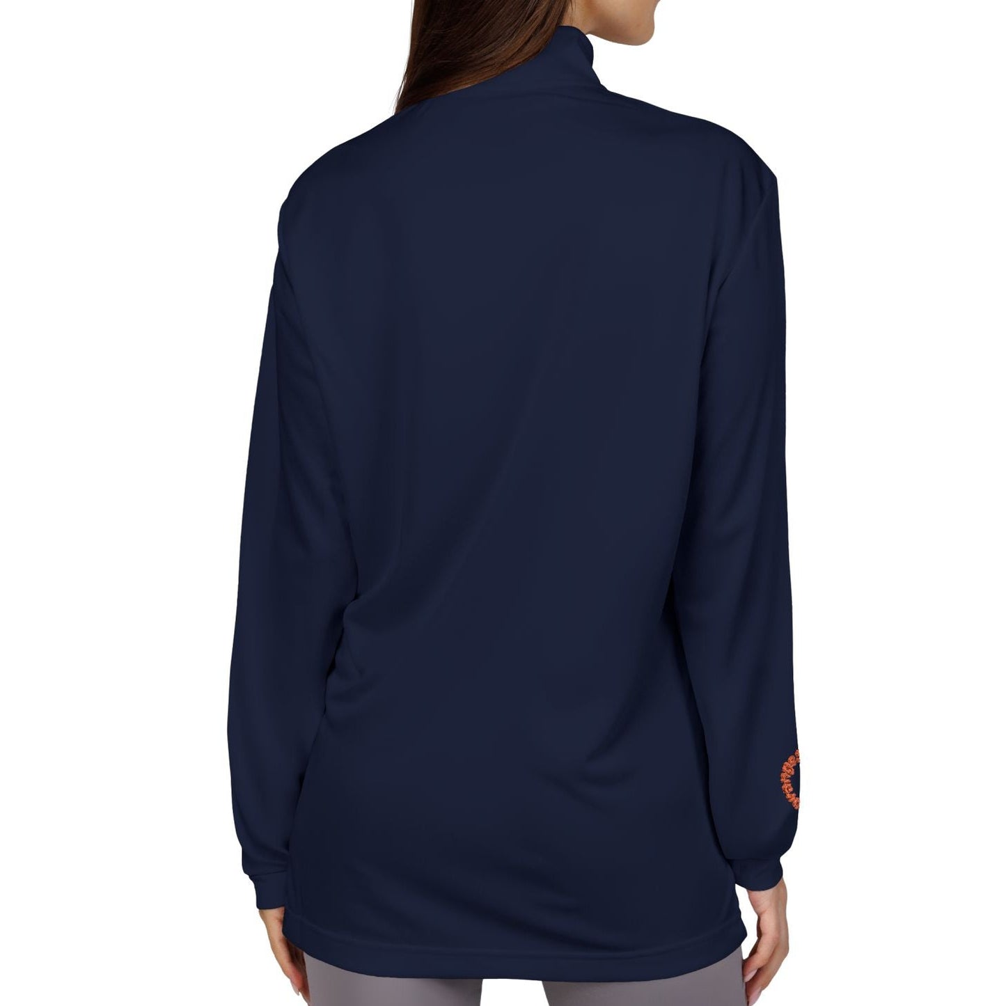 Woman wearing a navy blue long-sleeve shirt on a white background