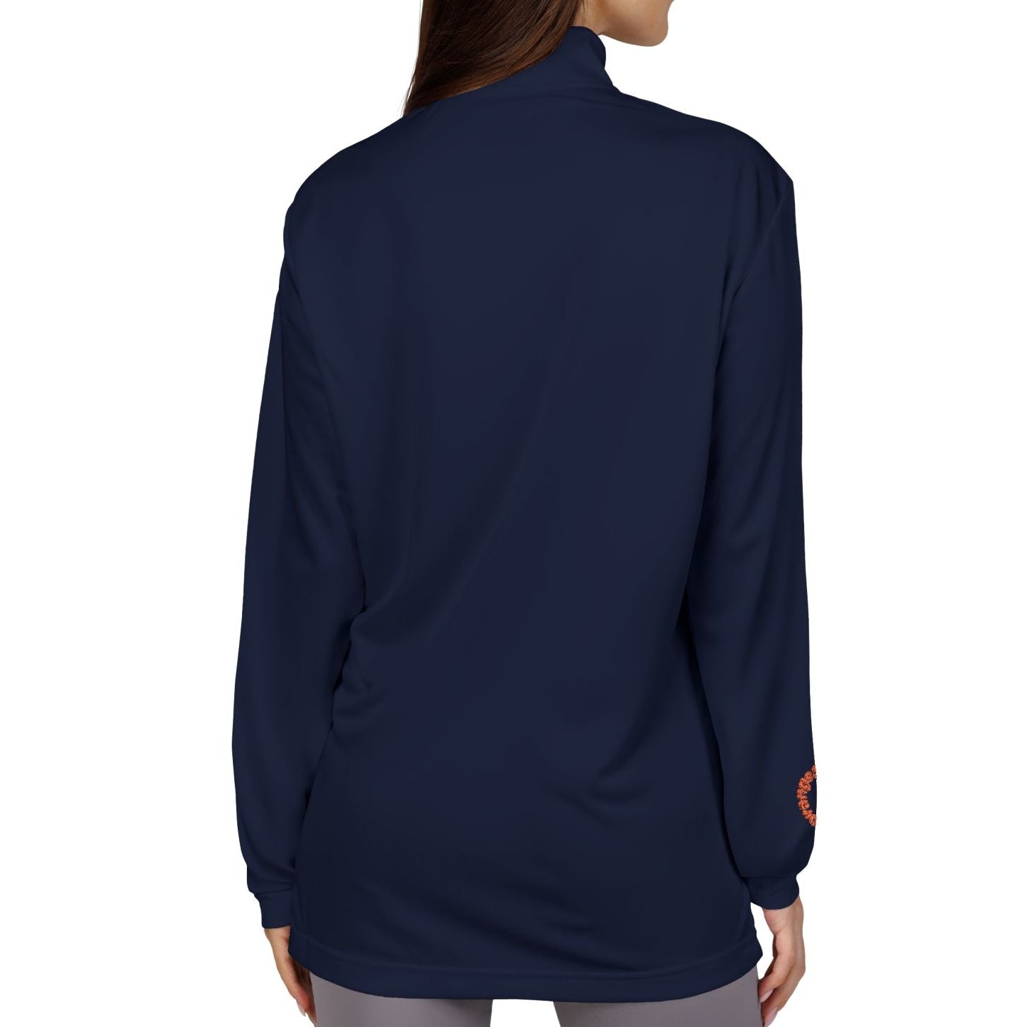 Woman wearing a navy blue long-sleeve shirt on a white background