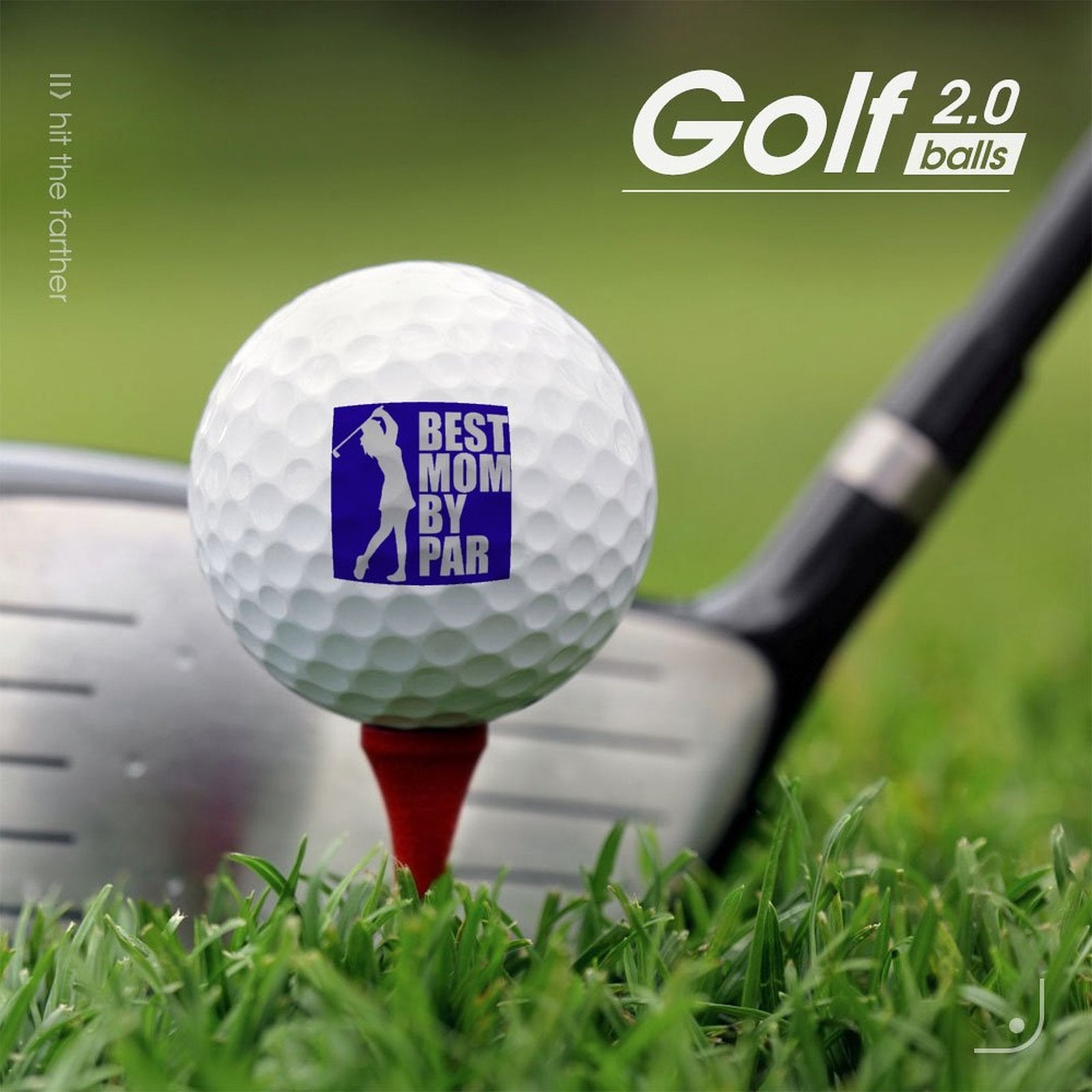 Golf ball with 'Best Mom by Par' logo on a tee in front of a golf club, with 'Golf 2.0' branding.