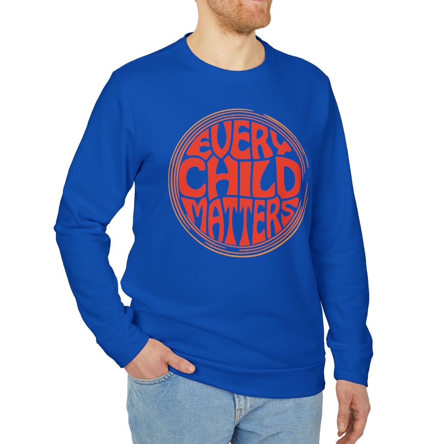 Man wearing a blue sweatshirt with 'Every Child Matters' text on a white background
