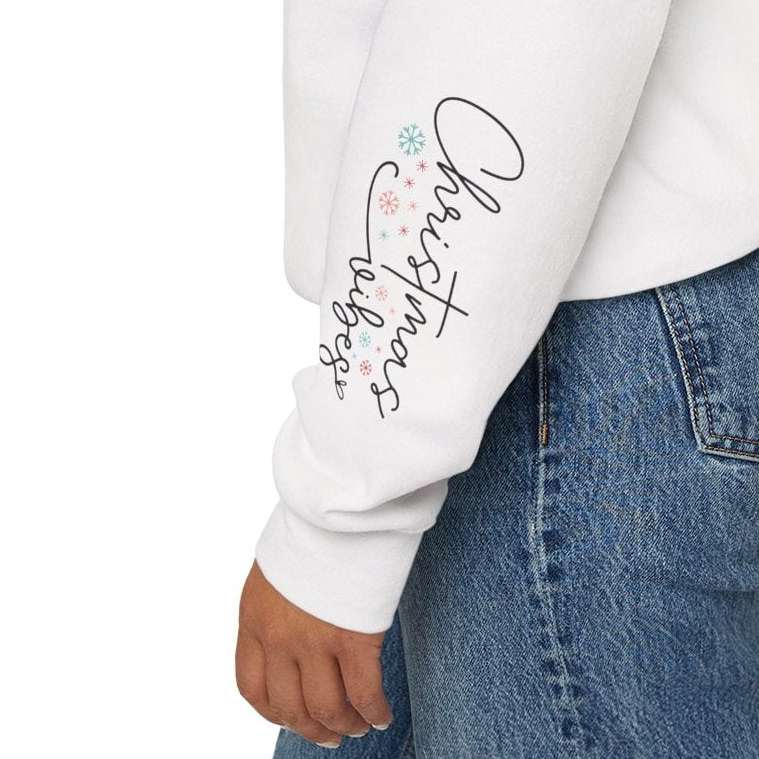 White sweatshirt with decorative text and blue jeans on a white background
