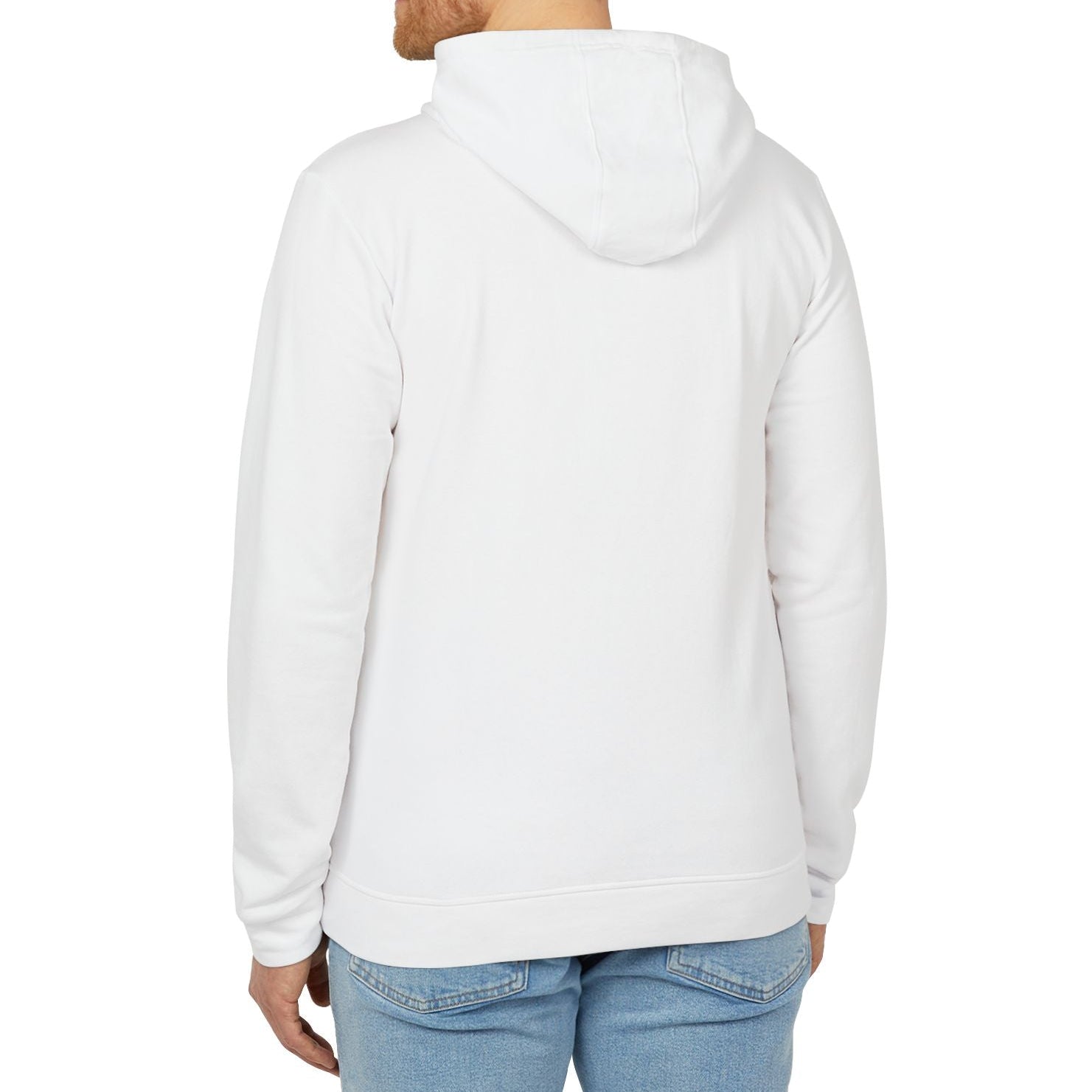 Man wearing a white hoodie and light blue jeans on a white background