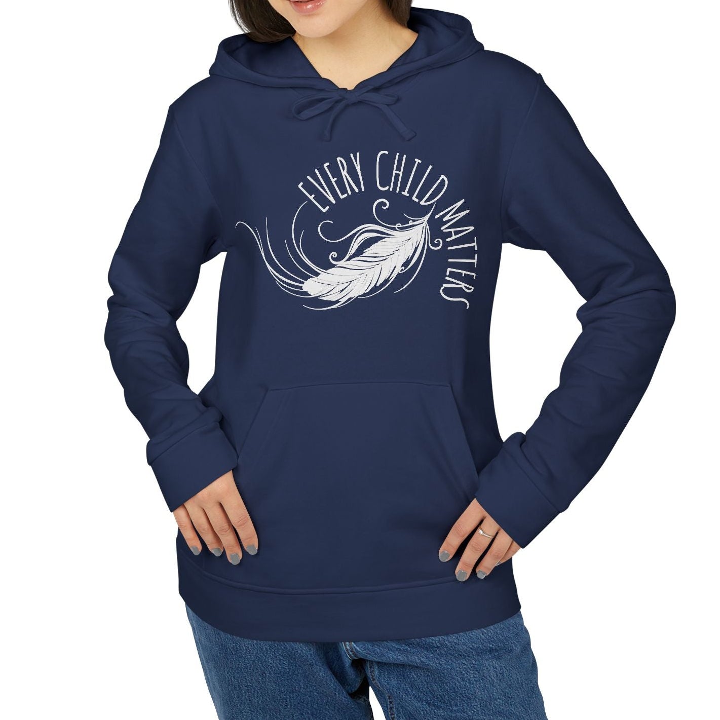 Person wearing a navy blue hoodie with a white graphic and text on a white background
