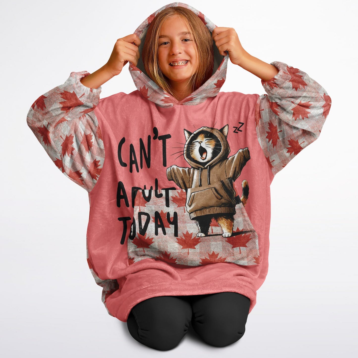 Person wearing a pink hoodie with a cartoon character and text on a white background