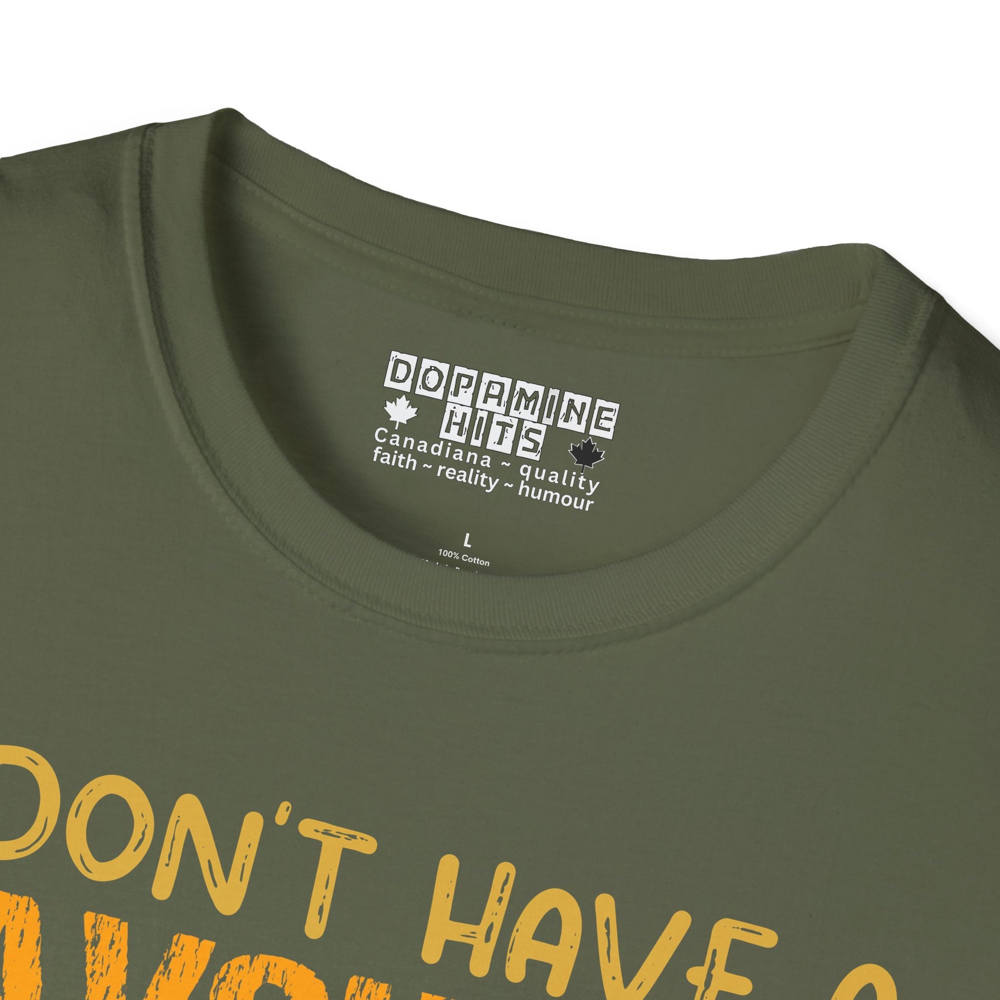 Green t-shirt with yellow text and a visible brand label on a white background