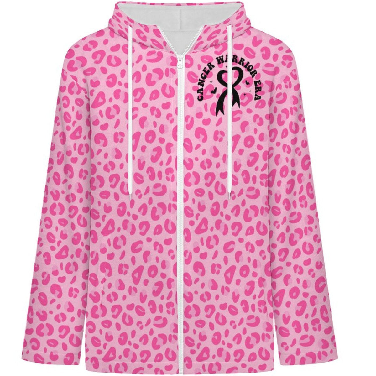 A pink and white leopard print zip-up hoodie with a black 'CANCER WARRIOR ERA' ribbon graphic on the left chest, shown on a plain white background.